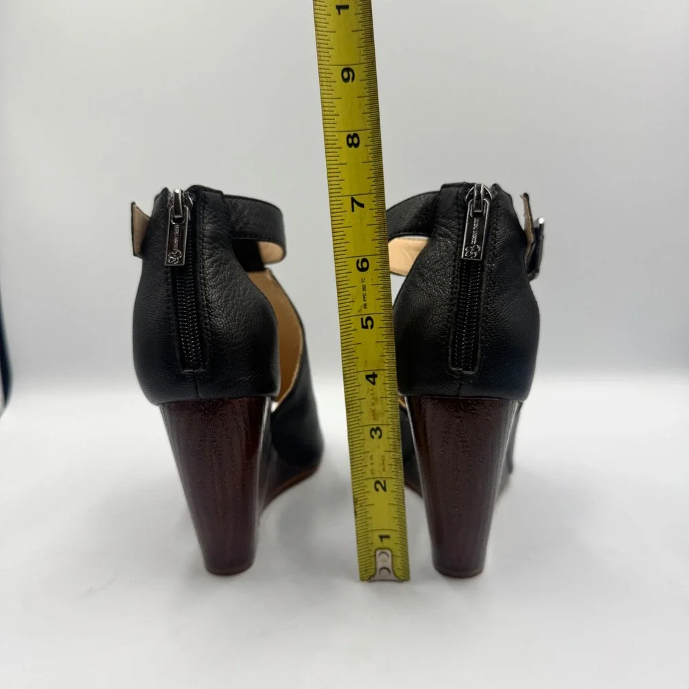Jessica Simpson Crimsella Black Leather Wedge Sandals Peep Toe Ankle Strap 7M